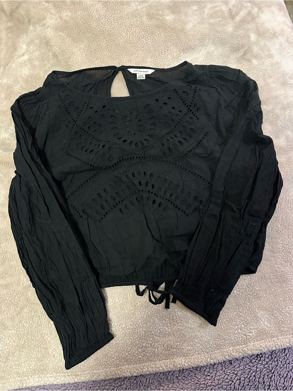 American Eagle Outfitters Black Eyelet Long-Sleeve Blouse